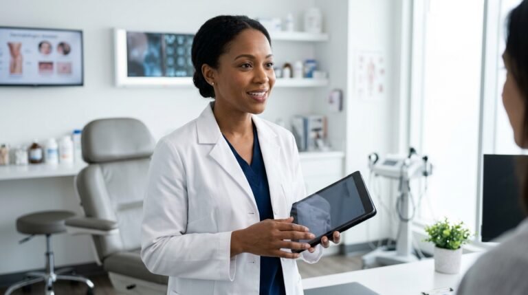 Realistic photo of a female dermatologist in a whi 5e127c0c30