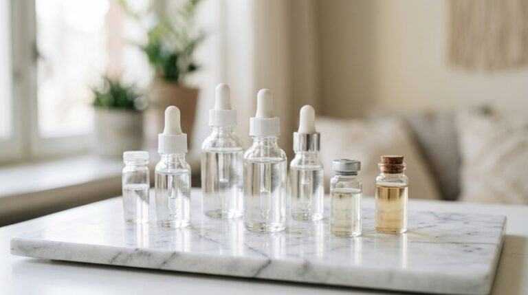 Realistic photo of clean clear glass serums and vi 03d5229fb6