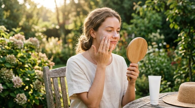 Woman applying sunscreen outdoors 890757e973