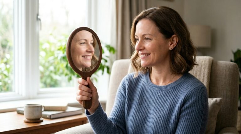 Woman looking in hand mirror 658203a479