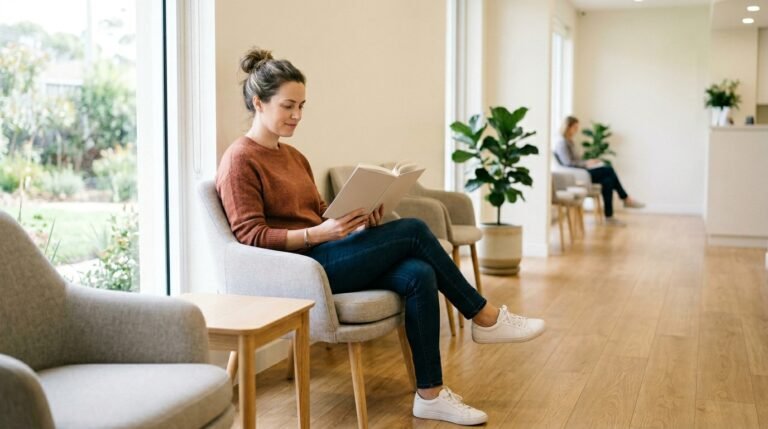 Woman sitting reading waiting area d211aeb531