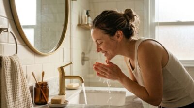 Woman washing face at sink 7ce098e42c
