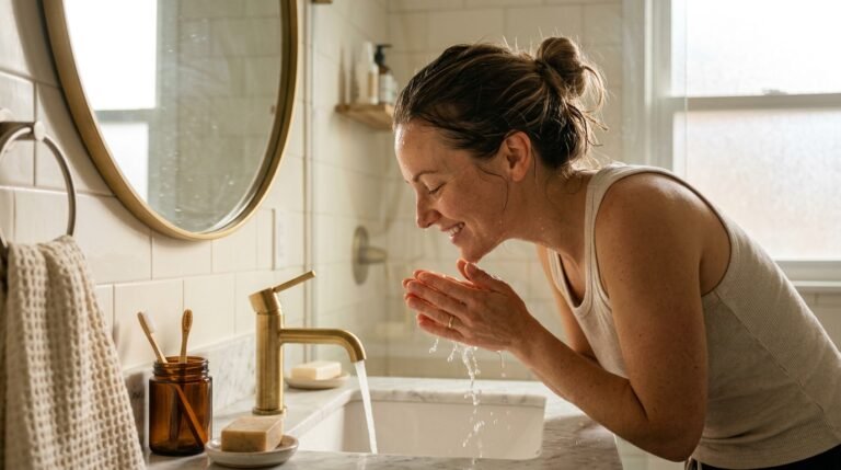 Woman washing face at sink 7ce098e42c